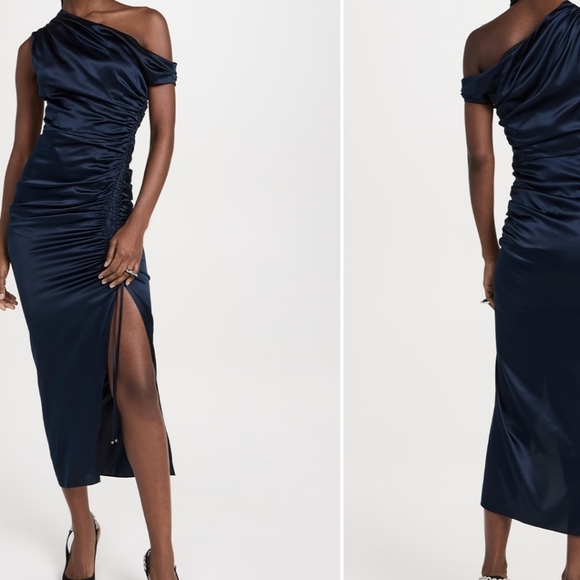 Veronica Beard navy Kadie Dress NWT 00 $648 stretch silk satin ruched mini - Picture 9 of 11